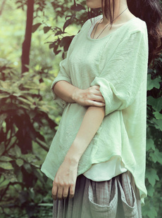 [叁尚-风格杂志]优雅淡淡绿 天丝棉竹节中袖宽松T恤衫文艺上衣女