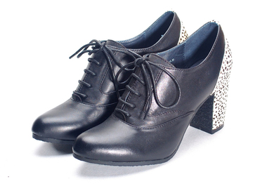 特价2012秋新款韩版潮鞋牛皮豹纹粗跟高跟系带时尚舒适单鞋9DG02