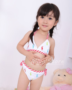 欧美风儿童泳衣白色POLO女童比基尼泳装婴儿宝宝分体游泳衣裤带帽