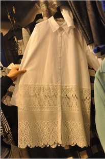 东大门代购2016春装新款蕾丝拼接中长款衬衫连衣裙 直筒打底裙