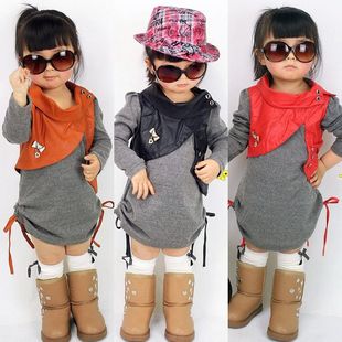 韩版女童中长款时尚帅气假两件长袖T恤中大童拼皮抽绳打底衫 秋款