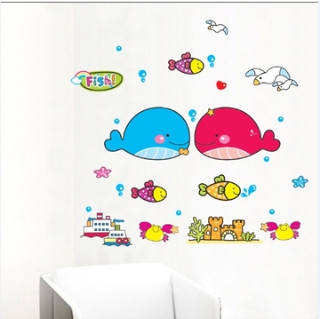 批发三代可移家饰墙贴 亲嘴鱼幼儿园卡通儿童房贴画浴室防水墙贴