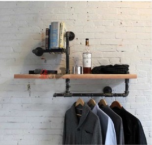 美式铁艺壁挂隔板搁物架 复古工业水管书架墙上置物服装展示衣架