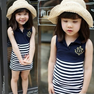 2015韩版新款夏季女童条纹海军风短袖儿童连衣裙背心裙吊带裙