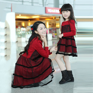 可琳菲儿春秋新款亲子韩版专柜品质修身蕾丝针织长袖连衣裙母女装