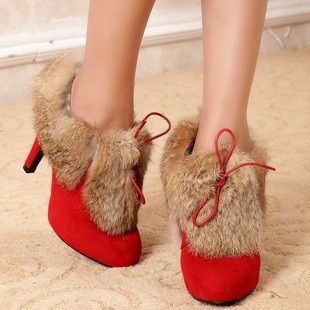 冬季女兔毛短靴超高跟韩版细跟厚底红色结婚鞋子裸靴新娘婚鞋红靴