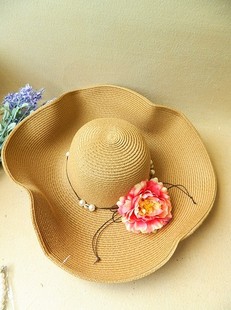 2件包邮悠果海边度假沙滩帽遮阳花朵贝壳草帽防晒草编帽太阳帽