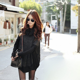 包邮2015新款韩版时尚女装蝙蝠袖假两件打底衫长袖宽松上衣针织衫