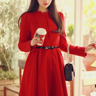 继承者们韩国代购2014春季新款女装韩版长款呢大衣毛呢外套配腰带