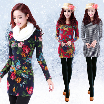2015秋冬新款 韩版女装花朵中长款加绒打底衫女 加厚打底衫潮1166