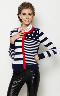 英伦时尚2013秋冬新款女士不对称条纹波点纯山羊绒衫开衫量身定做