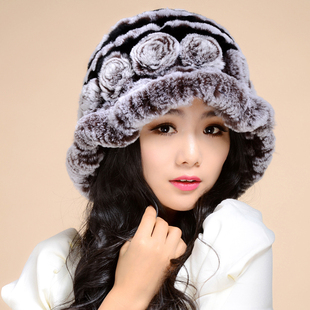 新款韩版獭兔帽子兔毛小礼帽盘花可爱皮草护耳帽冬季加厚潮女包邮