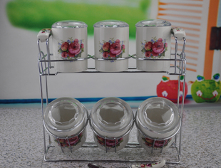 包邮OUBITE韩国双层陶瓷调料罐6件套调味瓶厨房密封罐盐糖味精罐