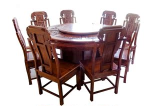 仿明清古红木 东阳木雕 1.38米花梨木餐桌 8人圆餐台 桌椅十件套