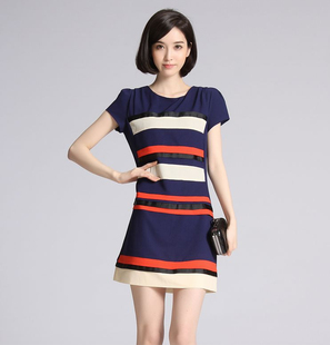 2016夏季新款韩版修身海军风气质显瘦短袖条纹雪纺连衣裙A字裙