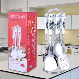 韩国厨房用品 韩国玫瑰花陶瓷勺铲7件套 不锈钢勺铲 套装