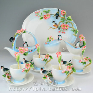 特价 鸟语花香珐琅瓷咖啡杯套装咖啡器具欧式茶具陶瓷咖啡壶礼品