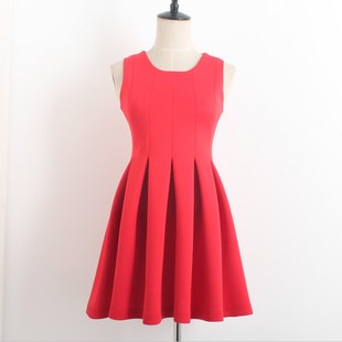 2014韩版明星红人汤唯同款好质感大牌气质无袖小红裙收腰连衣裙