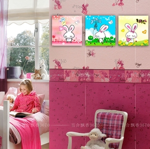 C卡通兔 客厅壁画墙画挂画三联板画 现代儿童房装饰画卧室水晶画