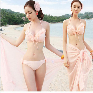 2015韩国小胸钢托聚拢比基尼显瘦三件套披纱泳装性感BIKINI泳衣女