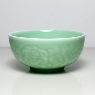 高档中式龙泉窑青瓷陶瓷餐具碗米饭碗研磨牡丹碗粉青碗微波炉