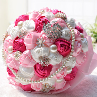丝绸缎带手捧花 韩式婚礼装扮珍珠水钻绣球花 球形高端新娘手捧花