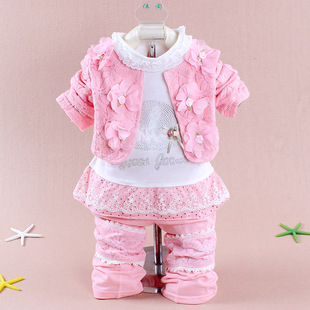 春款韩版童宝宝披肩蕾丝三件套 套装新款童装女童春装5588