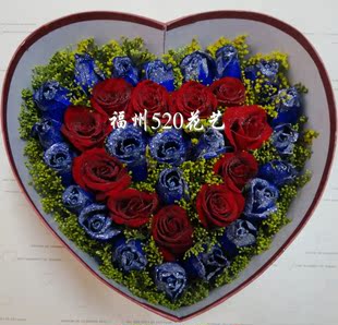 福州鲜花同城速递 红玫瑰蓝玫瑰蓝色妖姬心形玫瑰礼盒 福州送花