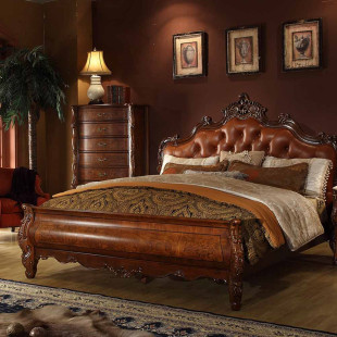蒙特利尔美式家具实木床1.8米橡木床双人床 奢华真皮床婚床DF207