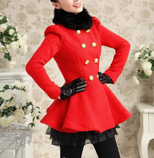 冬装新款粗花呢甜美修身红色立领紧身毛呢显瘦外套 短款女装大衣