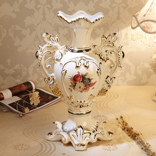欧式高档象牙瓷花瓶摆件 工艺品 陶瓷奢华客厅家居装饰品双耳花器