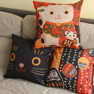 日本日式招财猫纳福猫咪大红办公室午睡棉麻沙发靠垫抱枕车用靠枕