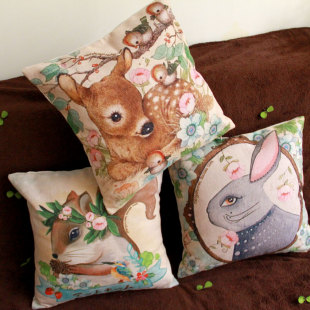 森女花朵梅花鹿小鹿兔子松鼠田园午睡棉麻沙发靠垫抱枕靠枕
