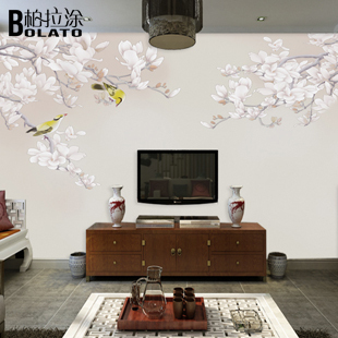 大型壁画 客厅简约电视背景墙纸 新中式复古壁纸 高精工笔花鸟