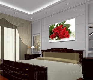 9卧室床头大红玫瑰挂画 玄关无框画电表箱装饰画客厅壁画单幅