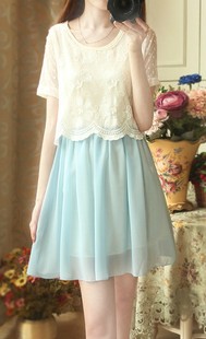 2015夏韩版蕾丝拼接两件套复古短袖雪纺连衣裙甜美显瘦套装短裙子