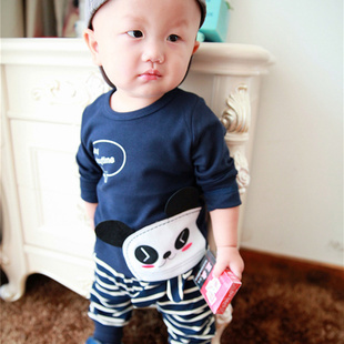 巴拉兔 秋季韩版 中小童潮童乖乖熊猫卡通图案休闲套装儿童两件套