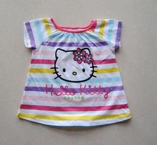 2-4岁夏装全棉女童短袖儿童半袖条纹卡通T恤KＴ猫图案清仓包邮