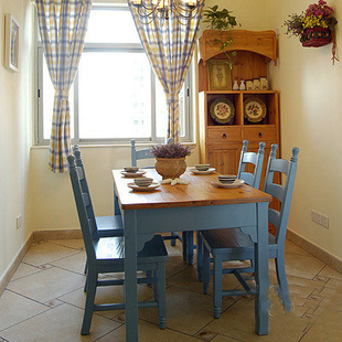 地中海家具 实木餐桌椅美式乡村餐桌餐椅 水性漆做旧
