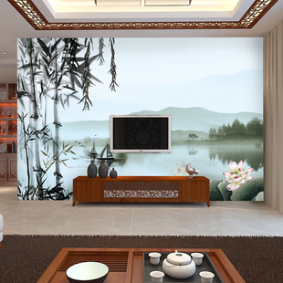 现代中式水墨竹子荷花壁纸大型壁画客厅电视背景墙纸3D无纺布特价