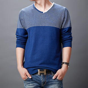 2015春秋男士长袖t恤条纹韩版青少年V领男装修身t恤针织打底线衫