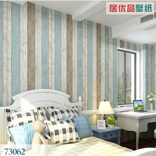 美式乡村复古条纹木纹做旧壁纸 卧室客厅蓝色地中无纺布海墙纸