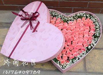 99朵玫瑰心形礼盒装情人节七夕节济南鲜花速递同城送花生日礼物