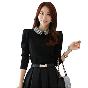 2015秋装新款韩版黑色修身棉T恤女长袖娃娃领职业衬衫打底上衣潮