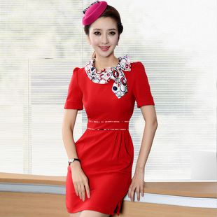 2015夏季空姐连衣裙短袖工作裙 修身优雅显瘦红色礼仪连衣裙