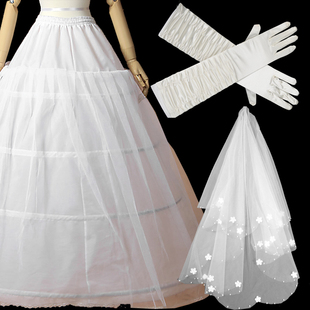 新娘结婚婚纱礼服配套头纱手套高档裙撑花边硬网撑子三件套组合白