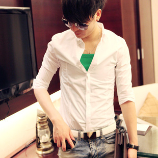 SUPE RISE2013新款韩版男装 纯色短袖修身型尖领时尚都市衬衫正品