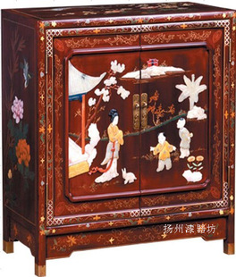 扬州漆器厂中式古典家具* 骨石人物双门圆边柜*门厅玄关柜橱柜