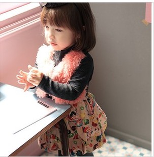 韩国童装女童秋冬装2013新款 超萌毛茸茸卡通儿童加厚加绒连衣裙