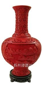 扬州漆器花瓶红雕漆10寸<山水>生日家居办公商务工艺礼品包邮